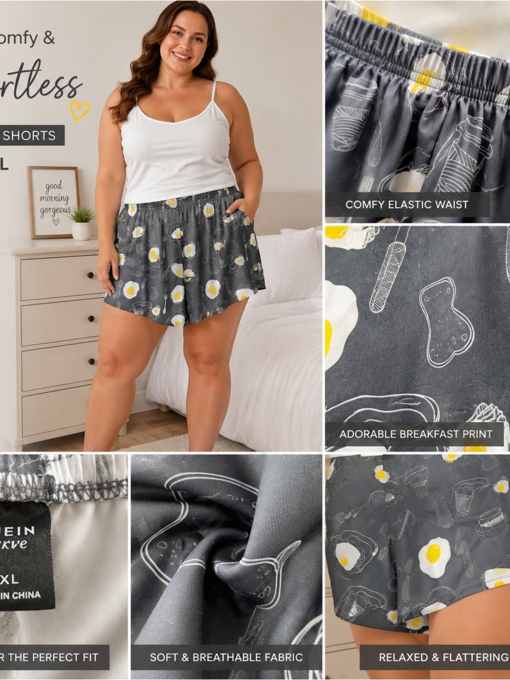 SHEIN Curve Breakfast Print Gray Lounge Shorts with Elastic Waist